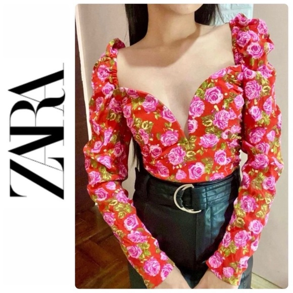Zara Tops - Zara Red and Pink Floral Print Long Puff Sleeve Crop Top Size M/S